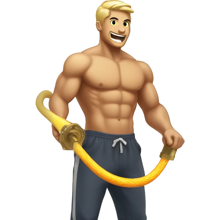 Shirtless gym bro spraying fire hose with gold water spra emoji