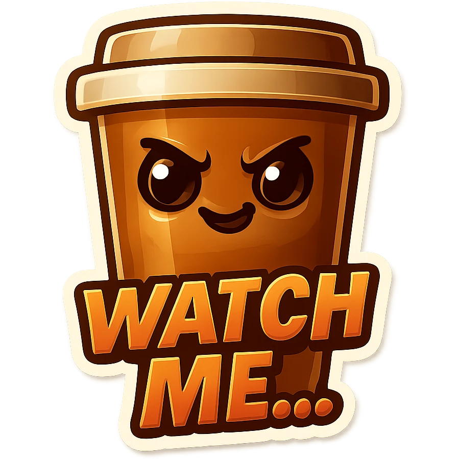 Tall coffee cup, mischievous eyes, "Watch me..." emoji