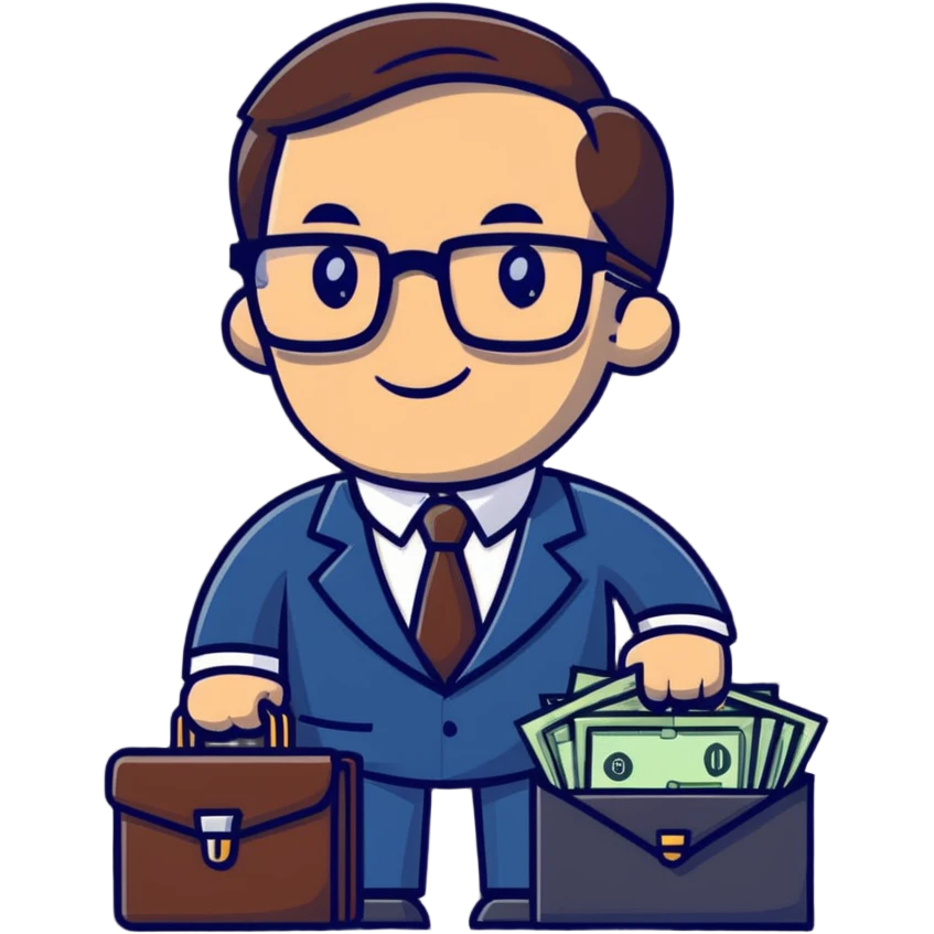 businessman in suit and glasses with an open briefcase full of dollar bills emoji