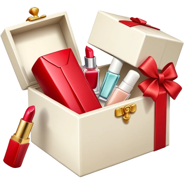 an open gift box with lipstick, cream jar, and perfume bottle spilling out emoji