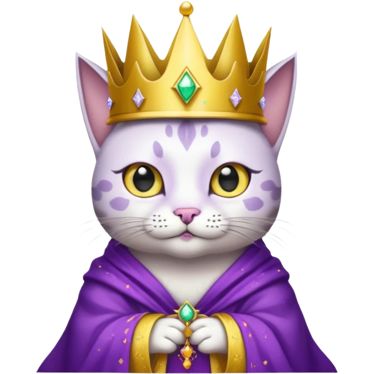 A wizard king cat that is mostly white with black spots and yellow eyes emoji