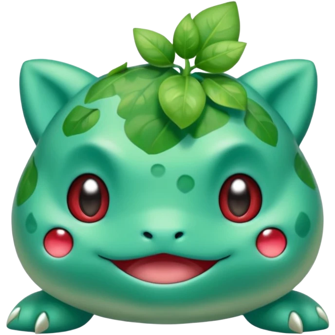 cute Bulbasaur Pokémon in Rednote app emoji style, rounded shiny face, expressive eyes, green and teal colors, musical note accent emoji