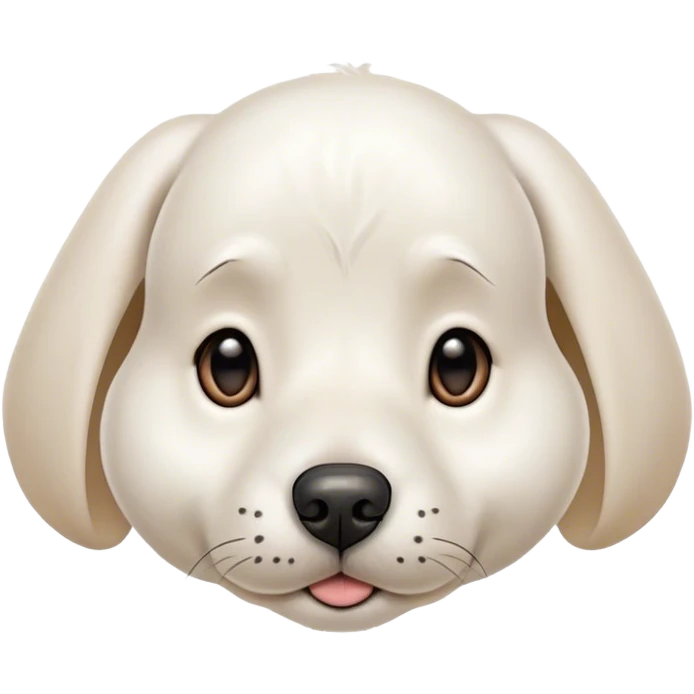 A cute small white dog with droopy ears, a nose slightly tilted to the upper right, and moles on the lower left side of the nose and the right corner of the mouth. emoji