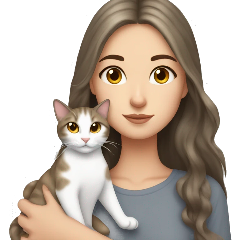 White Girl with Long Brown hair and golden Eyes snuggeling grey tigered cat  emoji