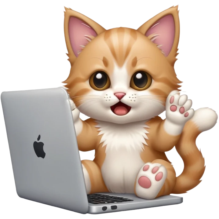 A cute kitten is sitting at her laptop with both paws up and screaming. He has a condition that he is fed up and can no longer tolerate it. emoji