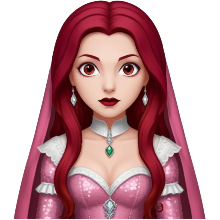 Aleera, Bride of Dracula from Van Helsing with long dark red hair, light pink sequin outfit emoji