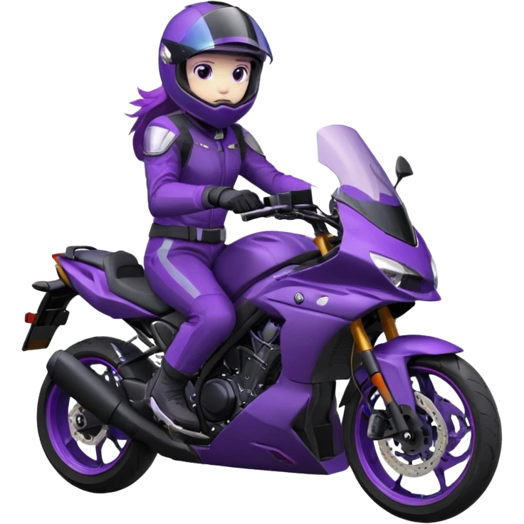 Créer un emoji avec une moto mt07 sport noir mate / violet iridescent très foncé. Avec une pilote dessus visière violet sombre faceless, bulle de la moto violet. Avec fond arrière violet, tenue complète casque inclus violet  emoji