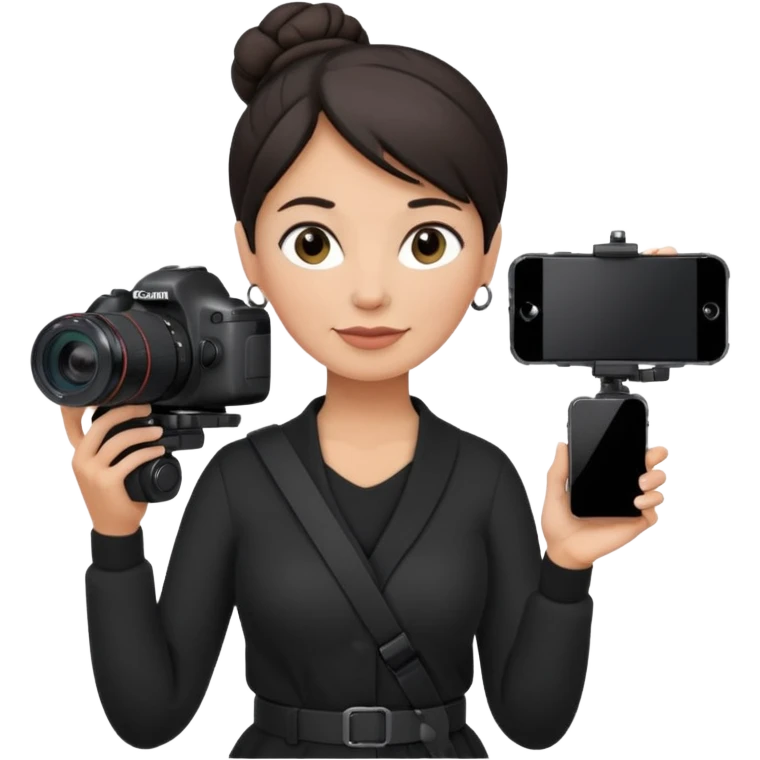middle aged woman photographer with dark hair in a bun, wearing black clothes, carrying a canon r5 and an iPhone on a gimbal emoji