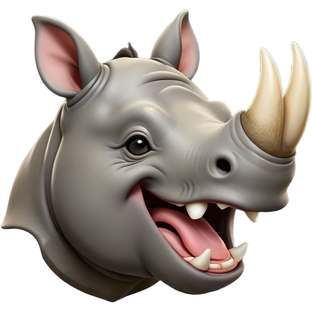 Cinematic Cute Yawning Rhinoceros Portrait Emoji, Head tilted slightly with a dramatic, wide-open yawn, showcasing a soft, textured slate-gray hide with a slightly drooping horn and eyes barely open in drowsy contentment, Simplified yet irresistibly adorable features, highly detailed, glowing with a soft, cozy glow, high shine, relaxed yet expressive, stylized with a touch of rugged whimsy, bright and endearing, soft glowing outline, capturing the essence of a sleepy yet affectionate rhinoceros, so drowsy it feels like it could stretch out of the screen and curl up for a nap! emoji