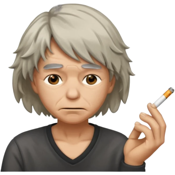 stressed emoji looking down shaking head wearing a disheveled wig with a cigarette in hand emoji