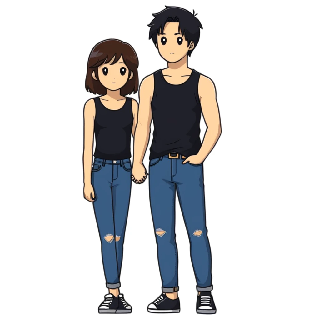 A girl with long brown hair holding the hand of a boy with short black hair, she wearing a black tank top with flared blue jeans, he wearing a black t-shirt with grey jeans, couple in love emoji