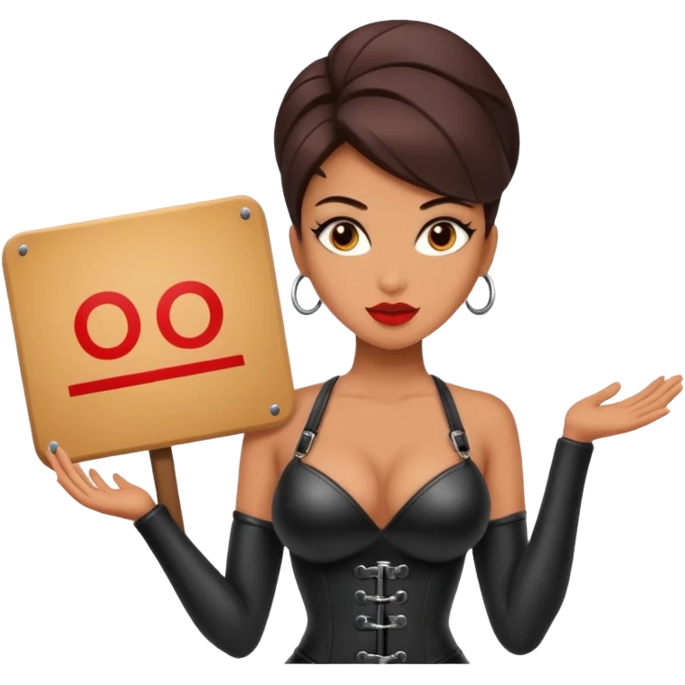 A dominatrix holding a large sign emoji