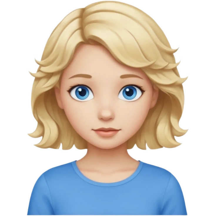 Girl Blonde short wavy hair,  blue eyes, cute blue top,  emoji