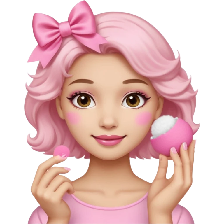female face, light skin tone, small simple closed smile. One hand visible holding a round fluffy pink makeup powder puff pressed to the cheek; the puff has a small satin bow. emoji