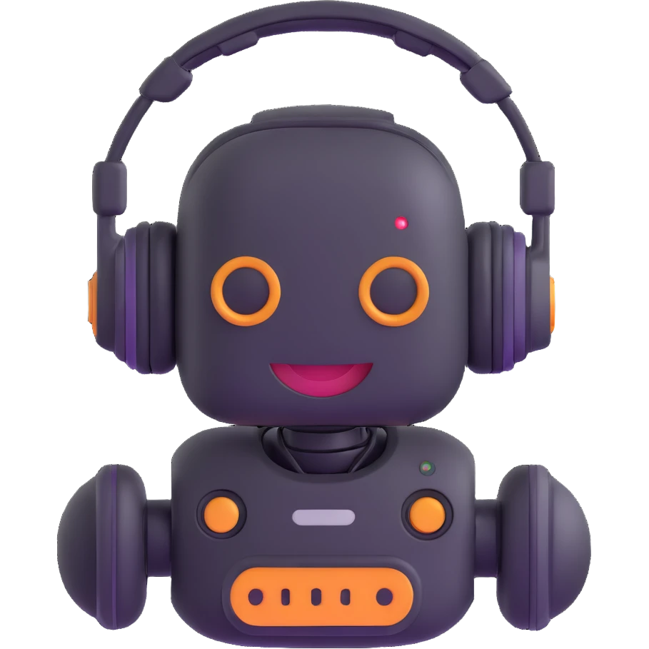Smiling robot support assistant with headphones in messaging interface emoji