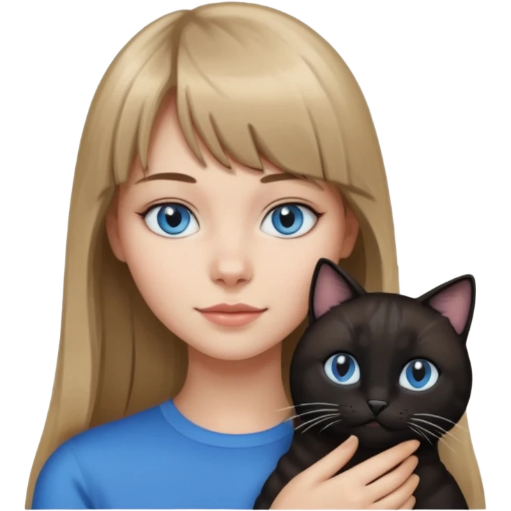 Apple-style emoji sticker of a young woman with long dark blond hair and bang, blue eyes , holding a cat black and white emoji