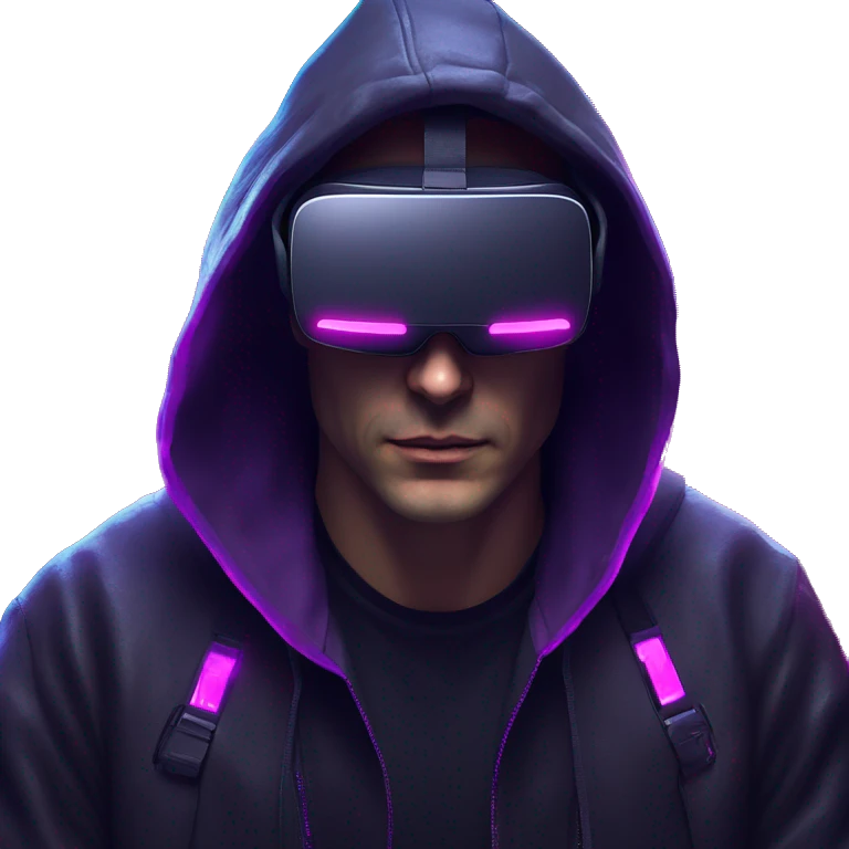 Russian man wearing a black hoodie with "OMG" letters on it and VR headset in a cyberpunk VR environment with violet neon lighting. emoji