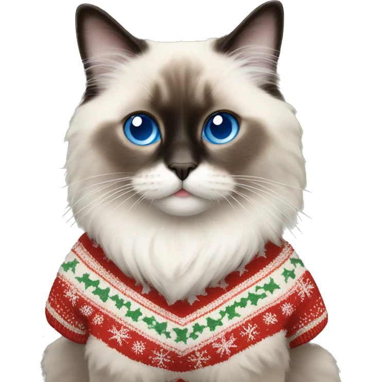 Ragdoll with blue eyes wearing a christmas sweater emoji