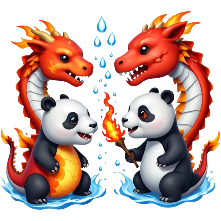 Pandas vs Dragons war with blood. Dragons have Fire on mouth and Pandas attack with water  emoji