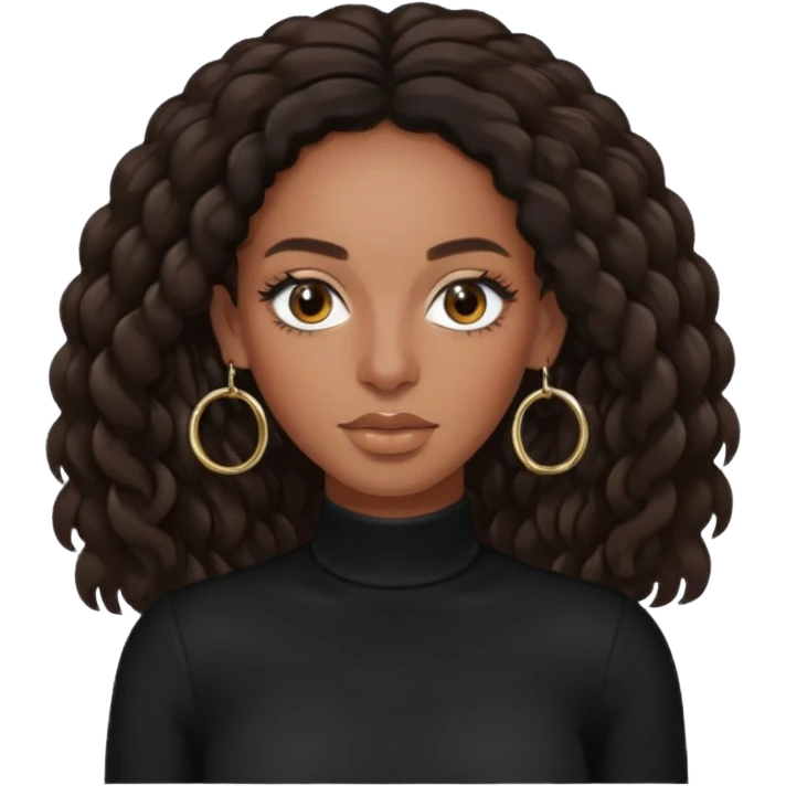 Solange brown eyes, long dark brown hair, black outfit with earrings emoji