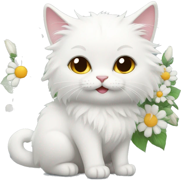 Fluffy white cat with flowers  emoji