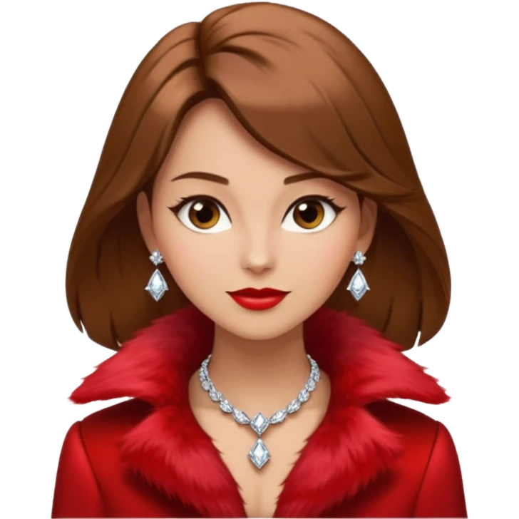 * Character: A stylish lady,brown hair
* ﻿﻿Clothing: A luxurious red fur coat
* ﻿﻿Accessories: A dazzling diamond necklace
* ﻿﻿Expression: Confident, elegant, maybe slightly glamorous
* ﻿﻿Pose: Head slightly tilted or a poised posture
* ﻿﻿Style: Emoji-like, simple but expressive emoji