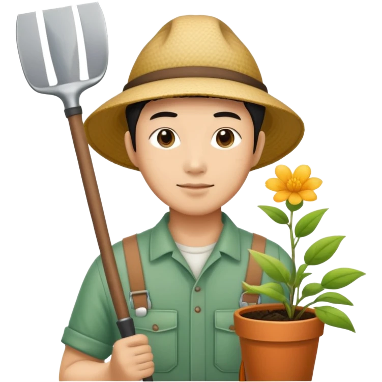 Asian gardener named Yong with gardening tools emoji