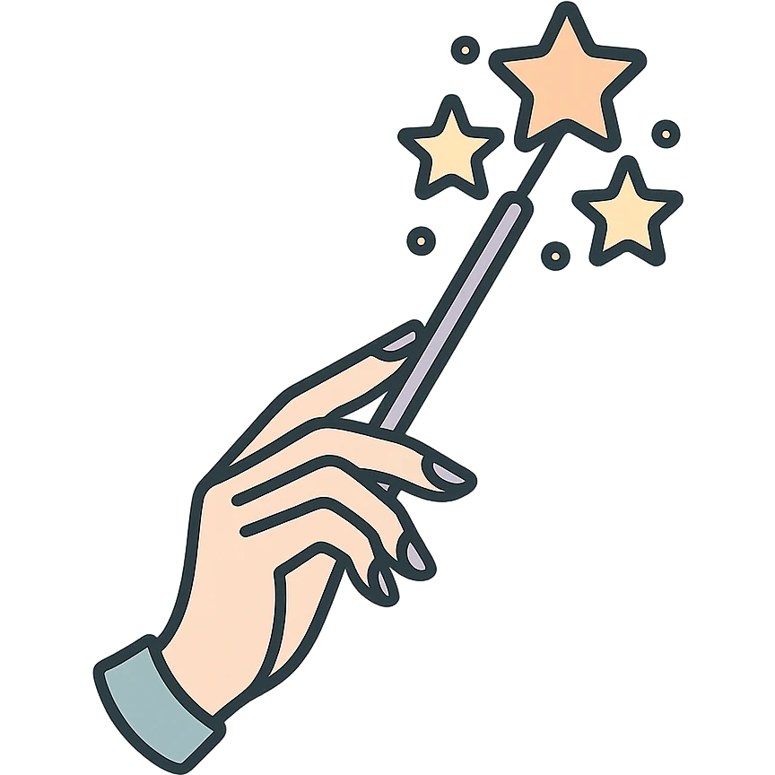 elegant female hand with almond-shaped nails holding a magic wand, stars flying out of the wand, Chinese eastern style, thin clean contours, soft rounded shapes, pastel palette #98B5BC, #B5B3C1, #C9A3C9, #E4C0CA, #F7DCD1, #F7C0AA, detailed shadows and highlights, soft lighting, transparent background, no decorative elements emoji