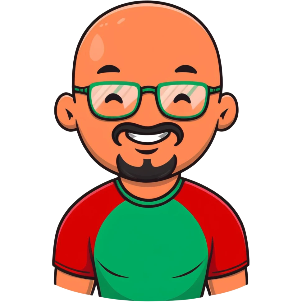 muscular bald man with red goatee and glasses, smiling, wearing a green shirt emoji