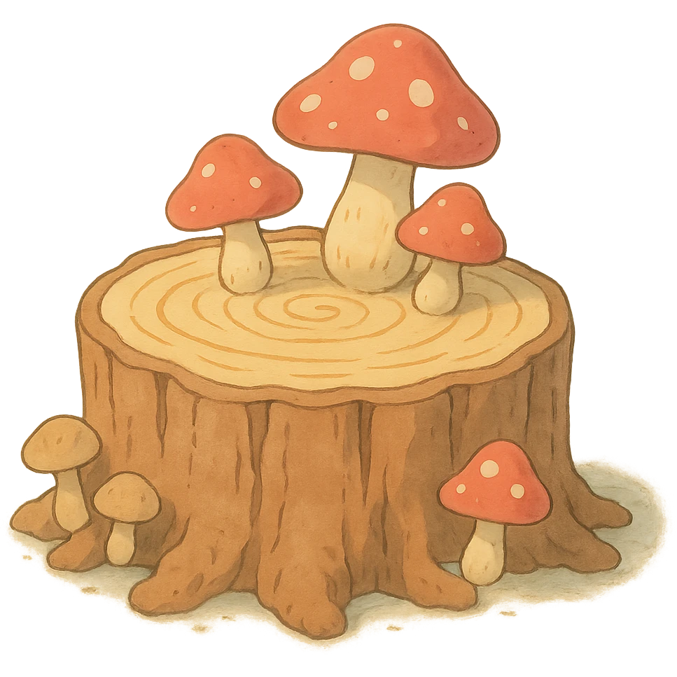 a tree stump cake topped with mushrooms, forest dessert concept, soft pastel colors, ghibli style emoji