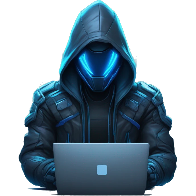 developer behind his laptop with this style : crysis Cyberpunk Riot Games Valorant neon glowing bright blue character blue black hooded assassin themed character emoji