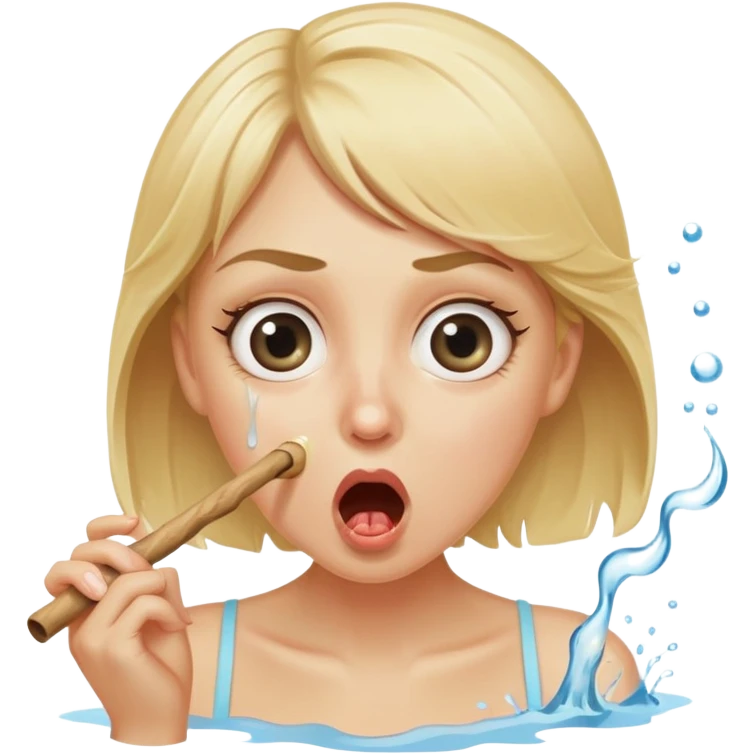 blond woman with wide eyes, holding a wide skin-colored stick with a nibble on the edge, water squirting from the stick into her mouth, shocked face emoji