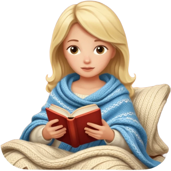 Cozy blonde woman reading book with blanket and candle emoji