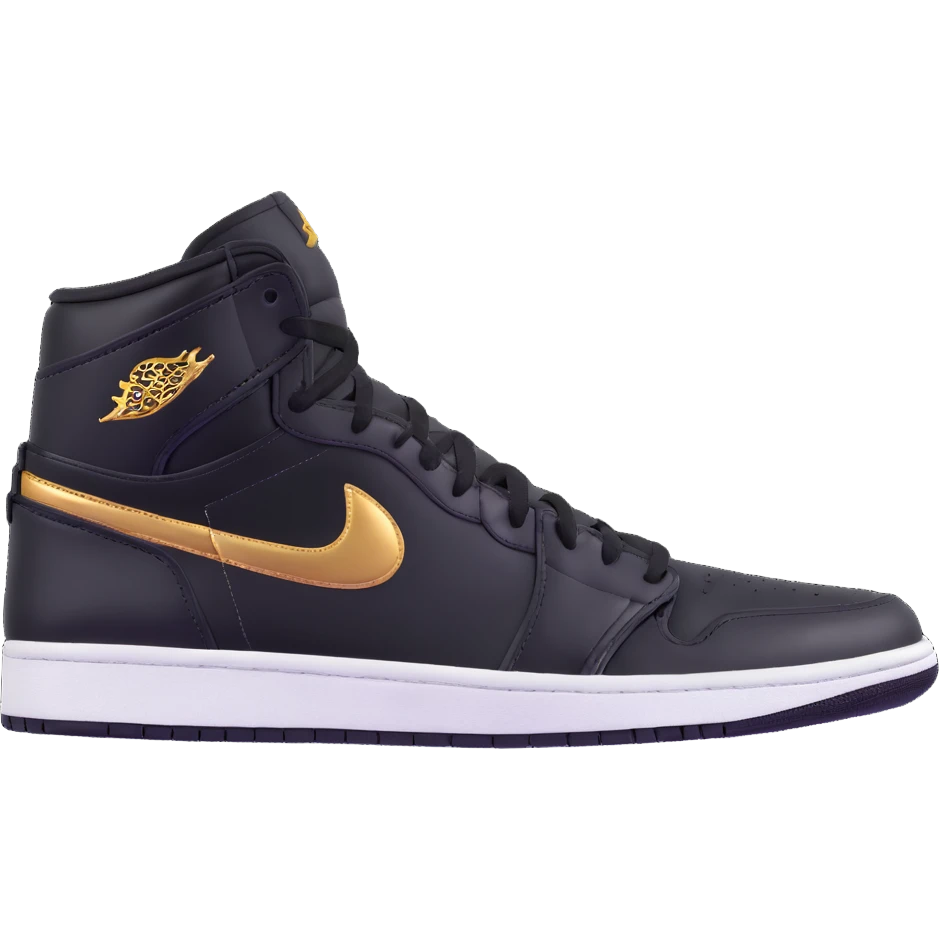 Jordan 1 sneaker, shiny black material with a metallic gold swoosh emoji