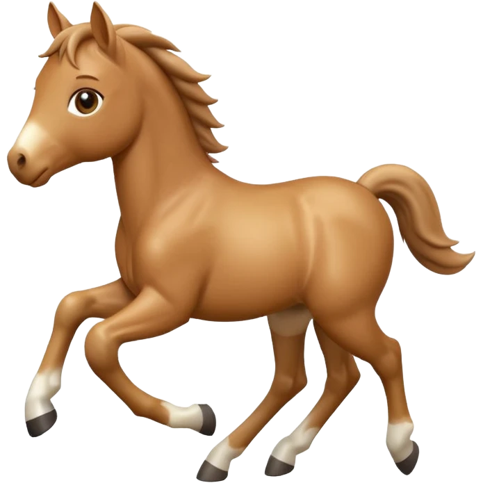 3D Apple-style emoji of a running foal. Small young horse with light brown body, short mane, big eyes, rounded and glossy, smooth shading, white background.

 emoji