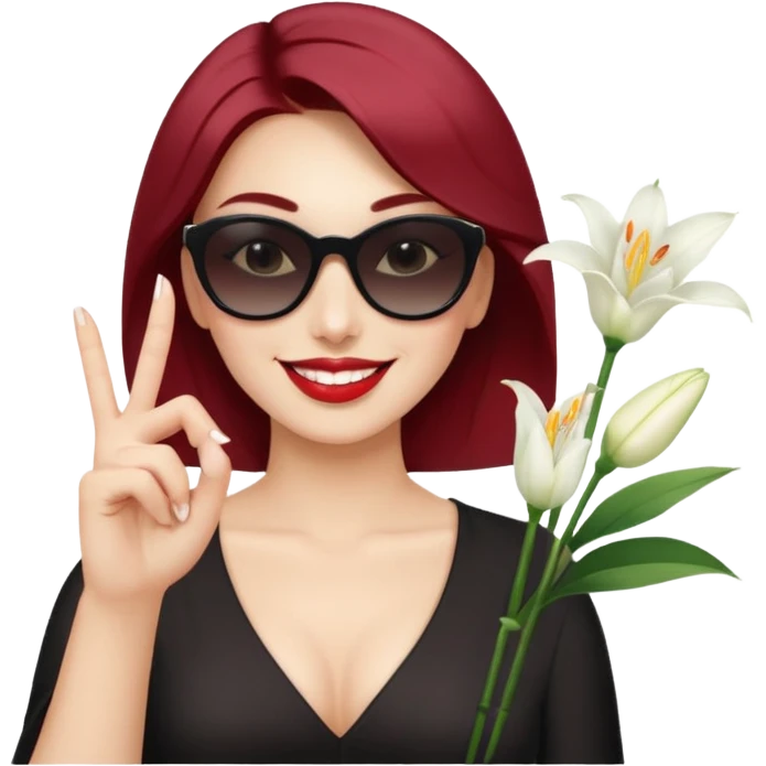 Professional sexy woman smiling holding lilies posing in shades  and flashing peace sign fingers emoji