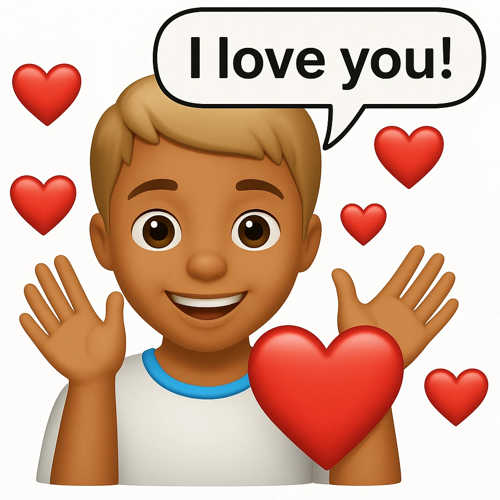 Add a speech bubble with the greeting 'I love you!' to the image, keeping the emoji style warm and loving emoji