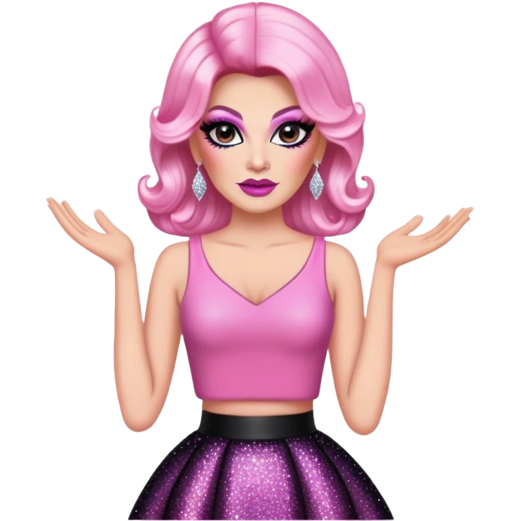 Drag queen with pink top and black skirt with a lot of glitters emoji