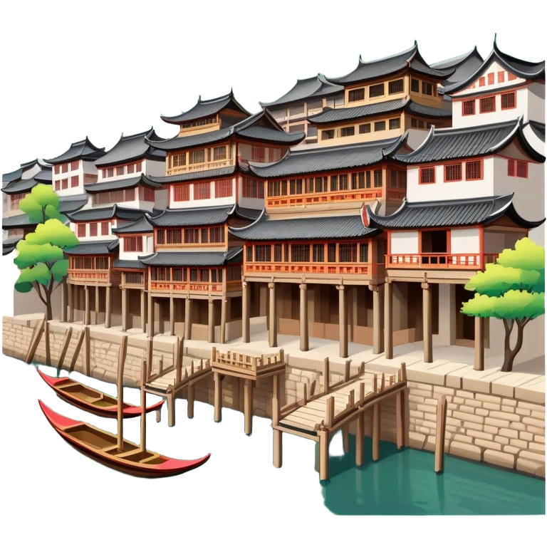 Fenghuang Ancient Town with wooden stilt houses by river, simplified emoji style with bold outlines and bright colors, cartoon style traditional Chinese buildings emoji