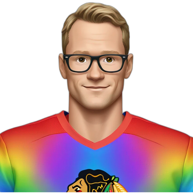 Jonathan Toews wearing glasses and rainbow clothes emoji