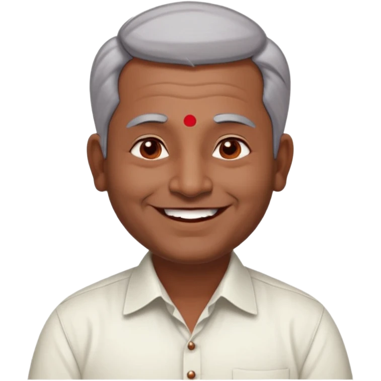 50 yr old indian man, dark skin, grey hair, big smile, white teeth, chubby, no moustache, clean shaven, young style hair, hair brushed back, 5 oclock shadow, bindy, dress shirt, forehead dot, chubby, religious, red dot emoji