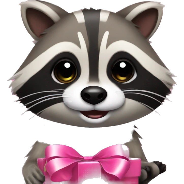 Raccoon with pink bow coming out of present emoji