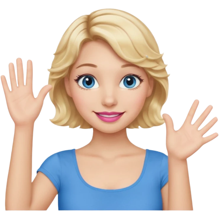 Girl Blonde short wavy hair,  blue eyes, cute blue top, long lashes, pink lips, smiling, one hand palm up emoji