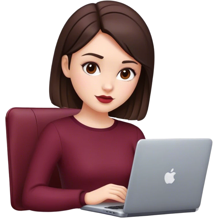 a brunette girl with a square hairstyle, with a laptop Burgundy emoji