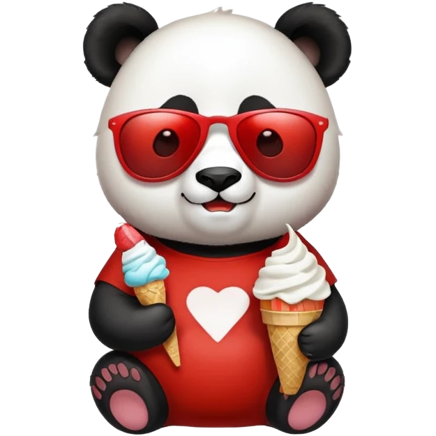 Panda with sunglasses that eat an ice cream with a red and white t-shirt emoji