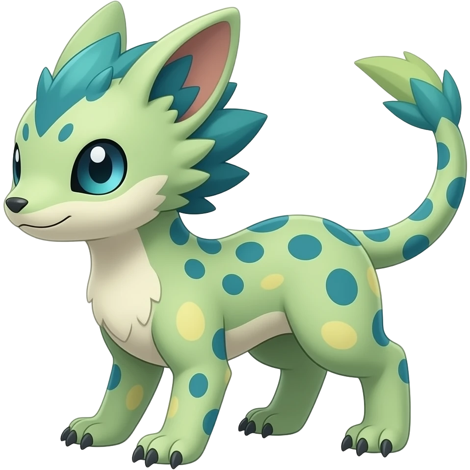 Feathery speckled flecked Japanese oriental asian painted Greenish beautiful handsome gorgeous aesthetic colorful vibrant Vernid-Trico-species-Fakemon-creature by LiLaiRa, 4 legs, 1 tail, random markings, (full body) emoji