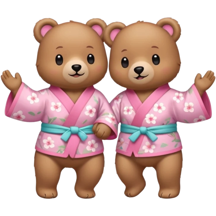 Two cute light-brown bears wearing pastel pink sakura-patterned kimonos, normal balanced body ratio.  
Holding hands and dancing happily together with music note icons and joyful movement lines.  
Kawaii emoji style, minimalistic clean sticker illustration, white background. emoji