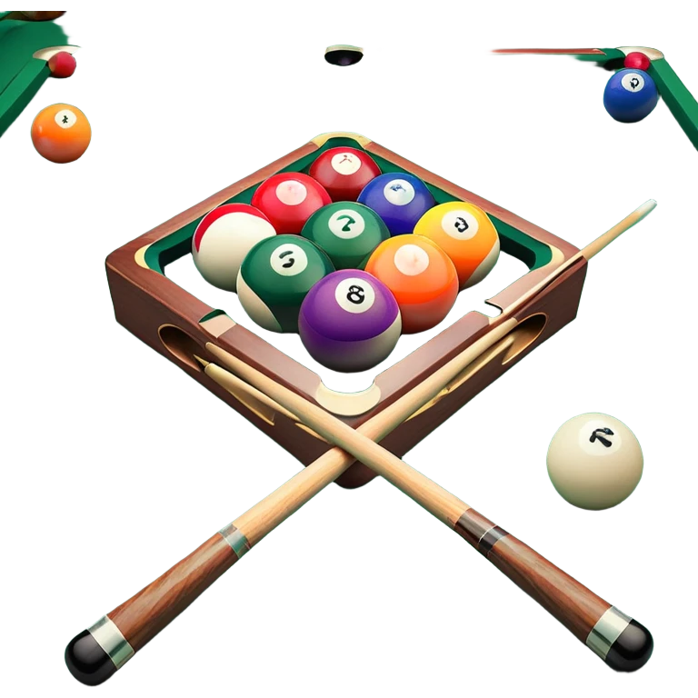 Two crossed pool cues resting on a billiard table, with colorful billiard balls scattered across the surface. The background features the felt of the table, creating an inviting atmosphere for a game of precision and strategy emoji