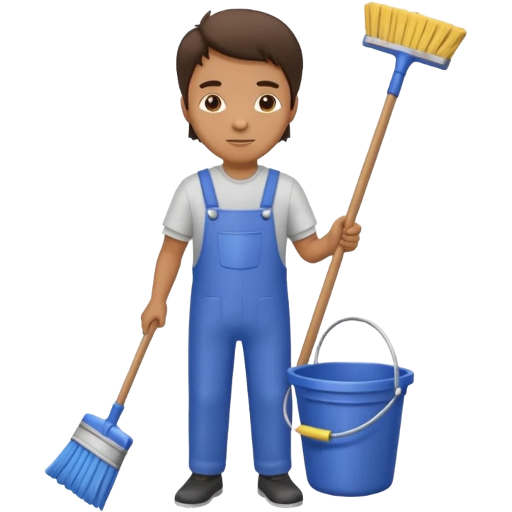 man in cleaning clothes, holding a broom and a bucket emoji