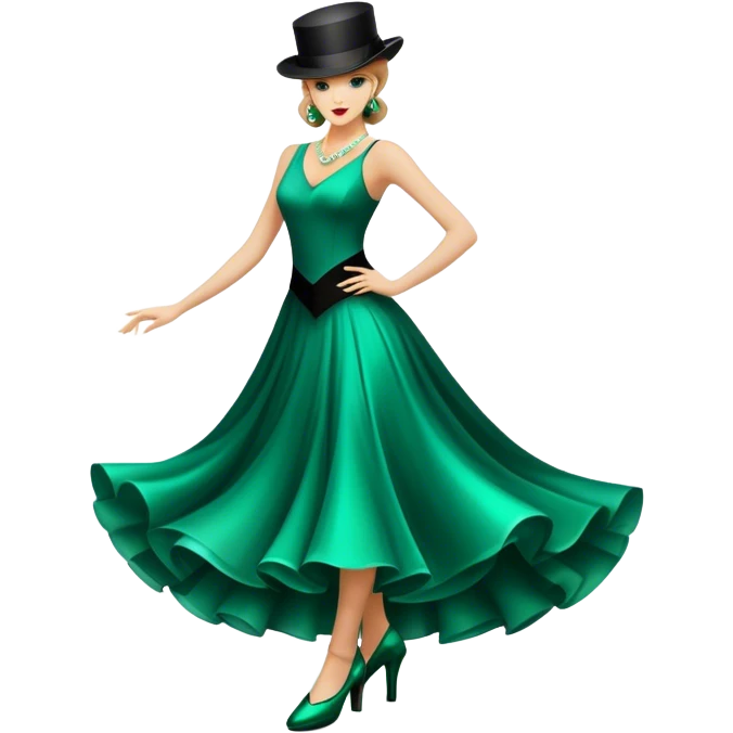 Icon for Ballroom Dancing: a pair of elegant dance shoes, a flowing dress, a top hat, and a dance floor spotlight. The icon should represent the elegance and atmosphere of ballroom dance, focusing on the iconic dance elements. Transparent background. emoji